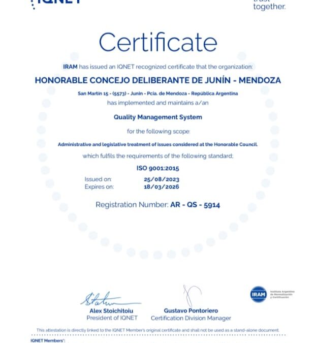 EL CONCEJO CERTIFICÓ NORMAS DE CALIDAD IRAM